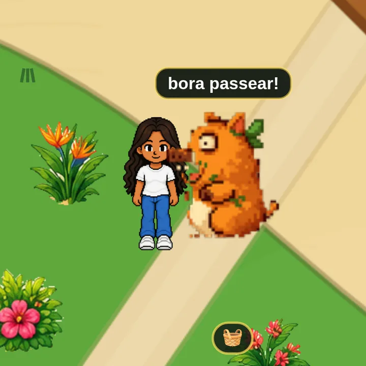 A personagem ao lado da capivara Capi, que diz: bora passear!