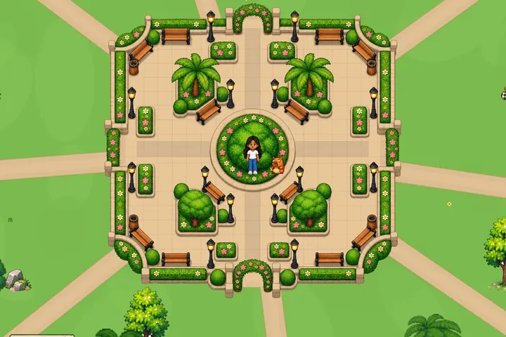 Praça central da cidade, com jardins e bancos