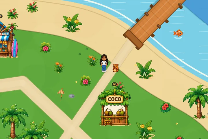 Praia com coqueiros e a ponte sobre o mar