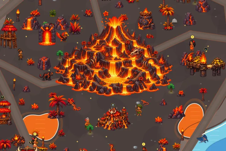 O super vulcão soltando lava no meio da ilha